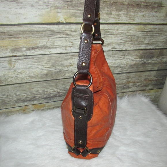 Tasche Orange Distressed Leather Brown Stud Hobo - Picture 3 of 8